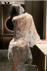 SMS557 - Áo ngủ kimono xuyên thấu gợi cảm với họa tiết lông vũ