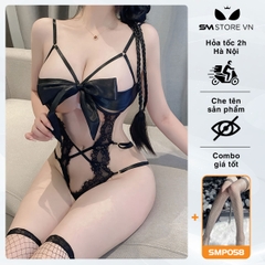 SMS524 - Đồ ngủ liền thân với áo ren 2 dây thắt nơ ngực và quần lọt khe