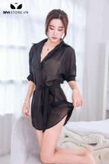SMS762 - Áo sơ mi ngủ trong suốt có cổ chữ V và dây buộc quyễn rũ