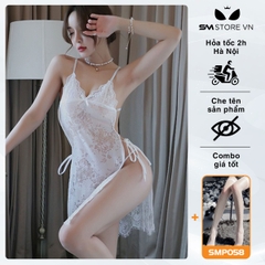 SMS528 - Váy ngủ 2 dây xẻ tà hở lưng vải ren xuyên thấu