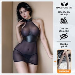 SMS560 - Váy ngủ cổ yếm gợi cảm trong suốt phối da kèm quần lọt khe