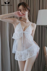 SMS805 - Bộ đồ ngủ áo 2 dây xẻ tà cài trước phối quần xuyên thấu