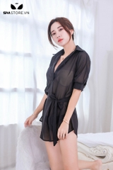 SMS762 - Áo sơ mi ngủ trong suốt có cổ chữ V và dây buộc quyễn rũ