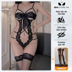 SMS524 - Đồ ngủ liền thân với áo ren 2 dây thắt nơ ngực và quần lọt khe