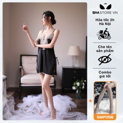 SMS076 - Váy ngủ 2 dây thiết kế hở lưng ngực, phối ren, xẻ tà 2 bên
