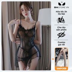 SMS467 - Váy ngủ 2 dây phối ren xuyên thấu rong suốt cực sexy
