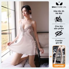 SMS076 - Váy ngủ 2 dây thiết kế hở lưng ngực, phối ren, xẻ tà 2 bên