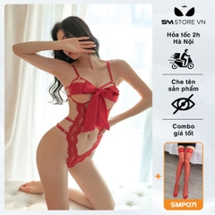 SMS524 - Đồ ngủ liền thân với áo ren 2 dây thắt nơ ngực và quần lọt khe