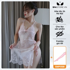 SMS528 - Váy ngủ 2 dây xẻ tà hở lưng vải ren xuyên thấu