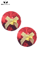 SMP175 - Miếng dán trang trí hình quả châu Noel sequin đỏ nơ vàng
