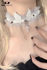 SMP208 - Vòng cổ choker nữ nền ren đính cánh thiên thần mix thánh giá