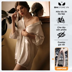 SMS028 - Áo sơ mi xuyên thấu nữ vải mỏng kiểu dáng dài màu trắng