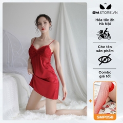 SMS061 - Váy ngủ 2 dây quyến rũ với ren viền lưng xuyên thấu gợi cảm
