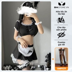 SMS474 - cosplay hầu gái gồm áo croptop đính nơ và chân váy ngắn