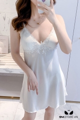 SMS495 - Váy ngủ tiểu thư 2 dây phối ren hoa trước ngực