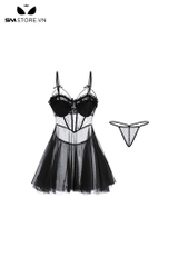 SMS539 - Váy ngủ lụa lọt khe sexy cực ngắn trong suốt với dây cài sau