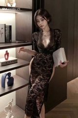 SMS545 - Đầm ngủ cổ chữ V sâu xẻ tà ren hoa xuyên thấu kèm quần lót