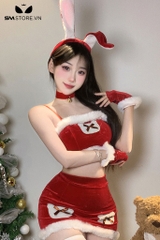 SMS858 - Set đồ ngủ noel tai thỏ với áo 2 dây và chân váy ngắn