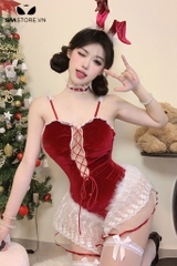SMS863 - Cosplay bà già noel với áo 2 dây mix viền ren hoa trắng