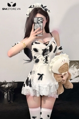SMS924 - Váy ngủ 2 dây cosplay bò sữa mix chân váy xòe viền ren