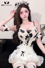 SMS924 - Váy ngủ 2 dây cosplay bò sữa mix chân váy xòe viền ren