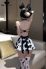 SMS925 - Đồ ngủ bò sữa cosplay mix áo da với chân váy xòe sexy