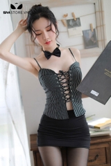 SMS940 - Cosplay cô giáo kẻ sọc với áo 2 dây đan chéo trước