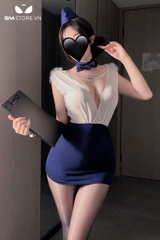SMS943 - Bộ tiếp viên hàng không với áo cổ chữ V xẻ sâu mix chân váy