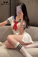 SMS954 - Trang phục học sinh với váy ngủ xẻ tà gợi cảm với viền ren hoa