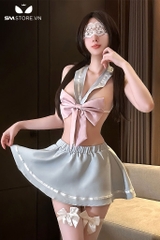 SMS955 - Đồ ngủ học sinh với áo có dây buộc sau mix chân váy xòe