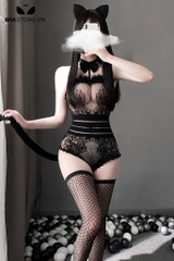 SMS960 - Đồ ngủ cosplay mèo với áo bodysuit lưới 2 dây gợi cảm