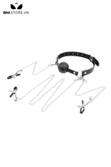 SMT3171 - Ball gag có lỗ rỗng bằng silicon kèm kẹp âm vật và núm vú