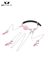 SMT3171 - Ball gag có lỗ rỗng bằng silicon kèm kẹp âm vật và núm vú