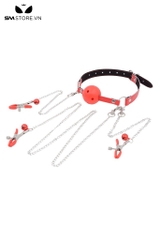 SMT3171 - Ball gag có lỗ rỗng bằng silicon kèm kẹp âm vật và núm vú
