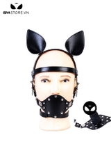 SMT3693 - Bộ head harness tai mèo khóa miệng da PU mix penis gag
