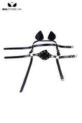 SMT3693 - Bộ head harness tai mèo khóa miệng da PU mix penis gag