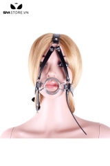 SMT3695 - Ring gag 2 tầng inox không gỉ mix dây đeo qua đầu da PU