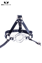 SMT3695 - Ring gag 2 tầng inox không gỉ mix dây đeo qua đầu da PU