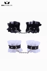 SMT4791 - Còng tay BDSM da mix viền ren vải ren bèo bên ngoài khóa đục lỗ