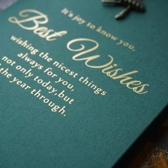 Thiệp giấy Best Wishes bìa xanh đính biểu tượng đồng kiểu Retro