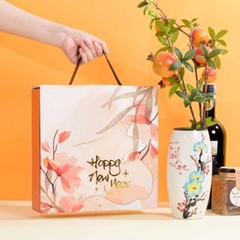 Hộp Quà Tết Kèm Túi Đựng Quà Cao Cấp Hoa lá - Size 25x25x6cm - HQT-12