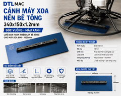 Cánh Máy Xoa Nền Bê Tông 340x150x1.2mm Xanh - Góc Vuông | Lưỡi Xoa Hoàn Thiện Sàn Bê Tông Cho Máy Xoa 900–1000mm