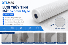 Lưới Thủy Tinh Mắt 5x5mm 70g/m² Cuộn 1x50m – Lưới Gia Cường Chống Nứt