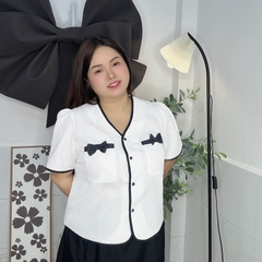 Áo kiểu bigsize phom suông dập hoa nổi túi nơ đen thanh lịch thời trang bigsize