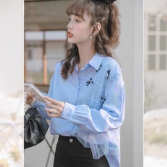 Áo sơ mi bigsize 60kg - 95kg phối lưới đính nơ mặc đi làm đi học