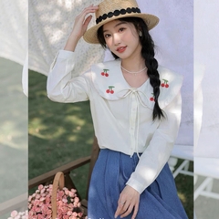 Áo sơ mi bigsize thêu cherry đỏ cổ sen tay dài 60kg - 95kg