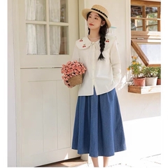 Áo sơ mi bigsize thêu cherry đỏ cổ sen tay dài 60kg - 95kg