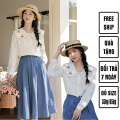 Áo sơ mi bigsize thêu cherry đỏ cổ sen tay dài 60kg - 95kg