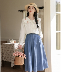 Áo sơ mi bigsize thêu cherry đỏ cổ sen tay dài 60kg - 95kg