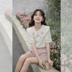 Áo sơ mi bigsize 60kg - 95kg thêu cherry hồng cổ sen phối ren tiểu thư